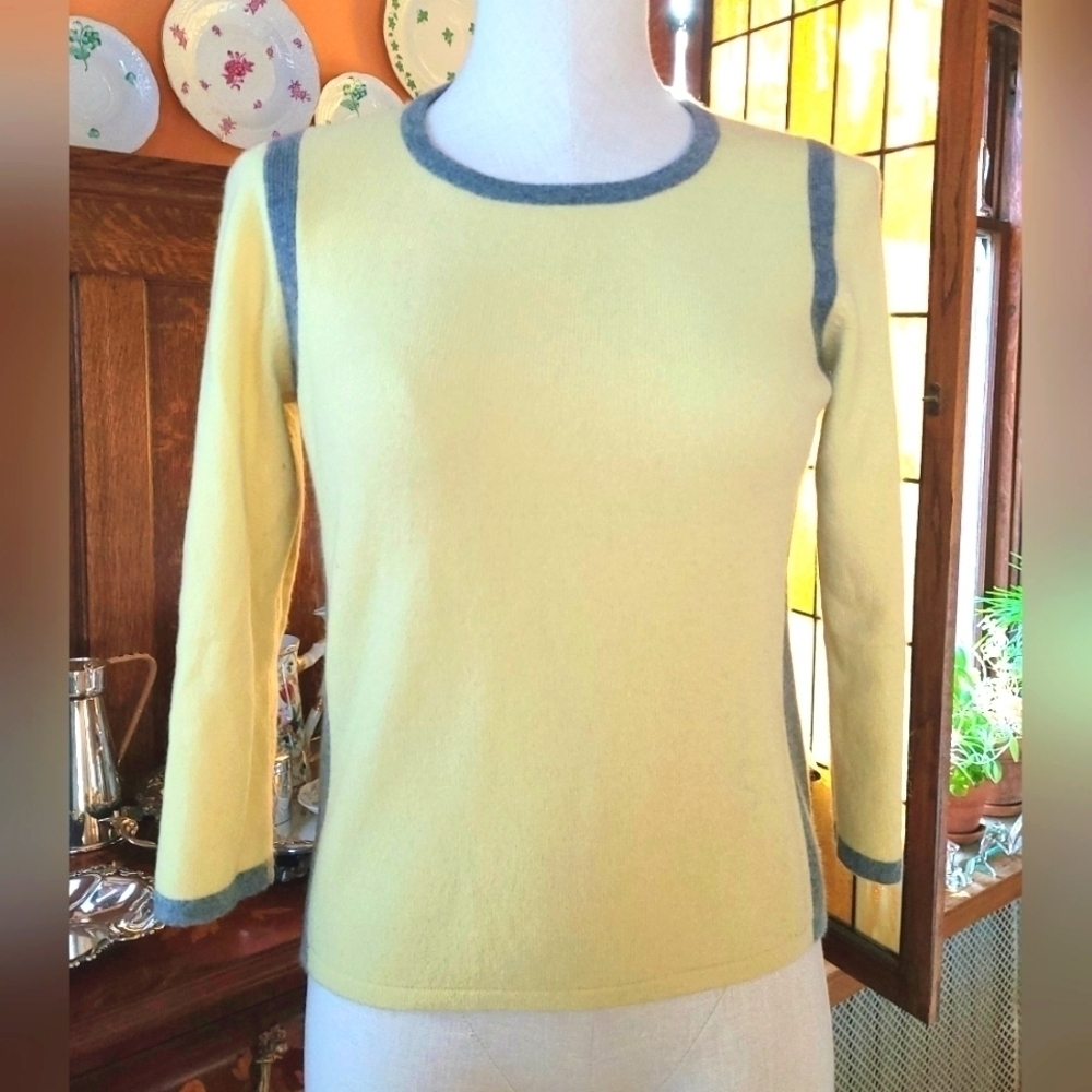 Alfani Petite Yellow/Gray Pure Cashmere Sweater